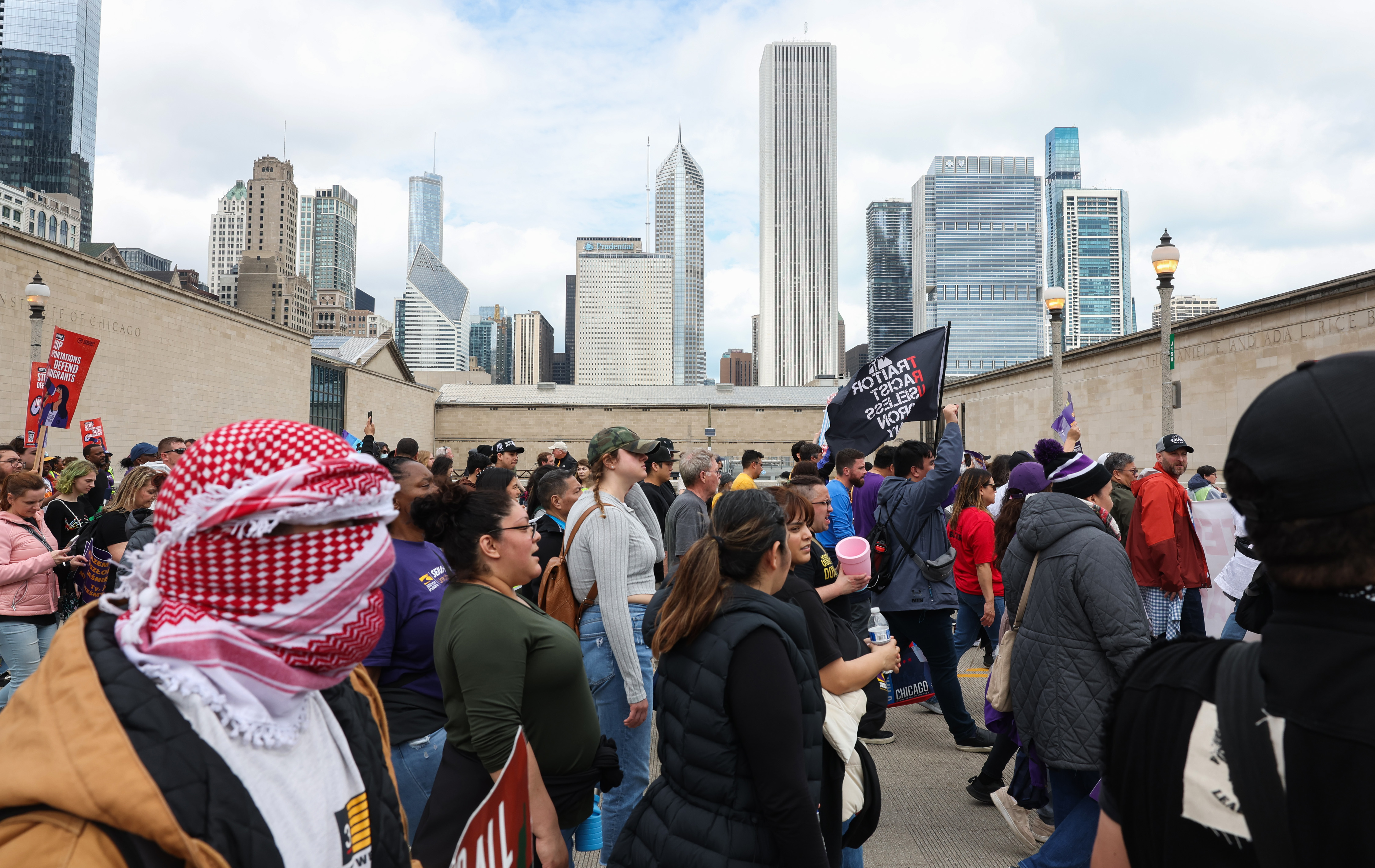 Demonstrators head toward Butler Field in Grant Park during a May Day march, May 1, 2025, in Chicago. (John J. Kim/Chicago Tribune)
