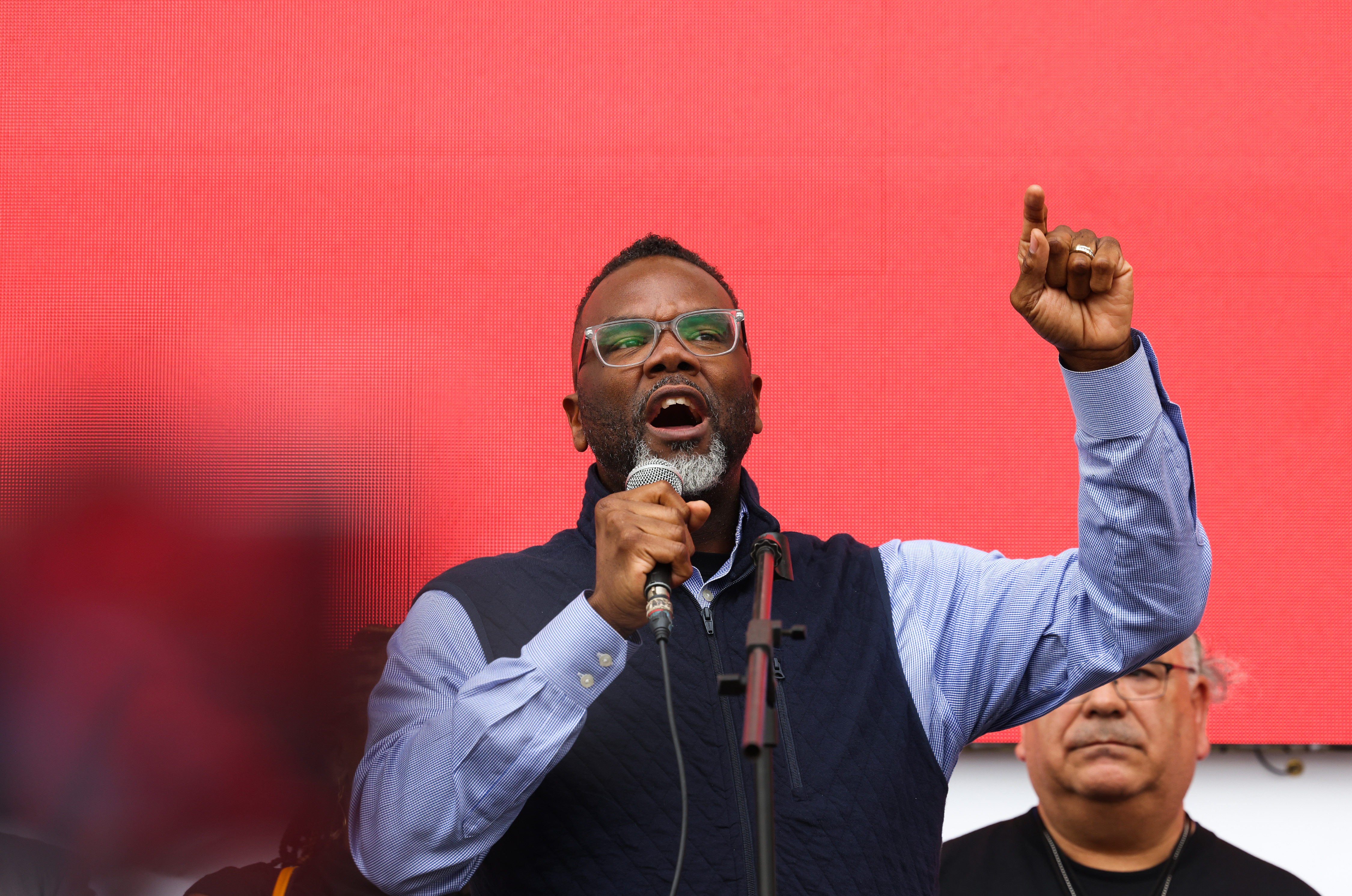 Mayor Brandon Johnson speaks at a rally after a May Day march at Butler Field, May 1, 2025, in Chicago. (John J. Kim/Chicago Tribune)