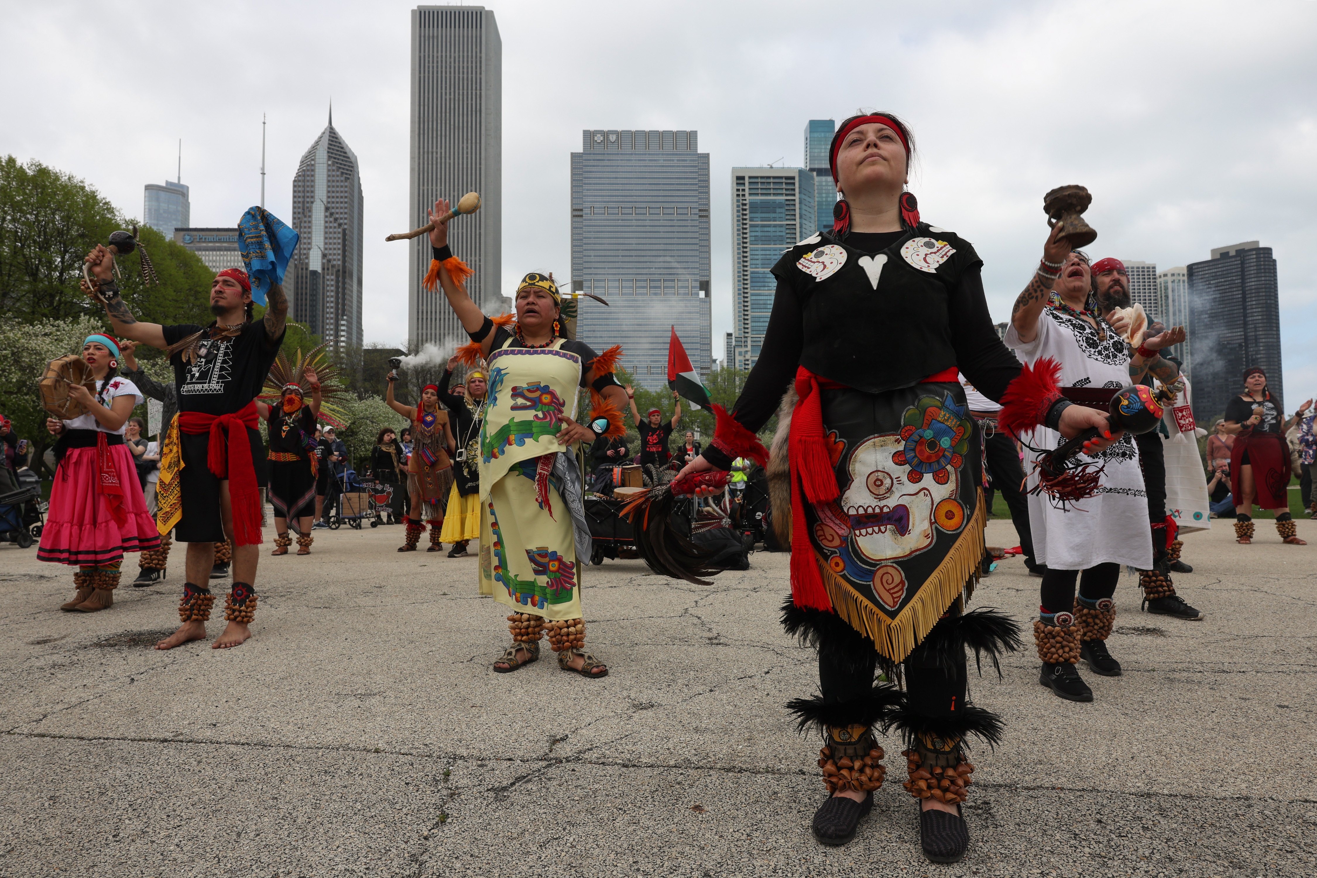 Native American community members hold a demonstration at a rally after a May Day march at Butler Field, May 1, 2025, in Chicago. (John J. Kim/Chicago Tribune)
