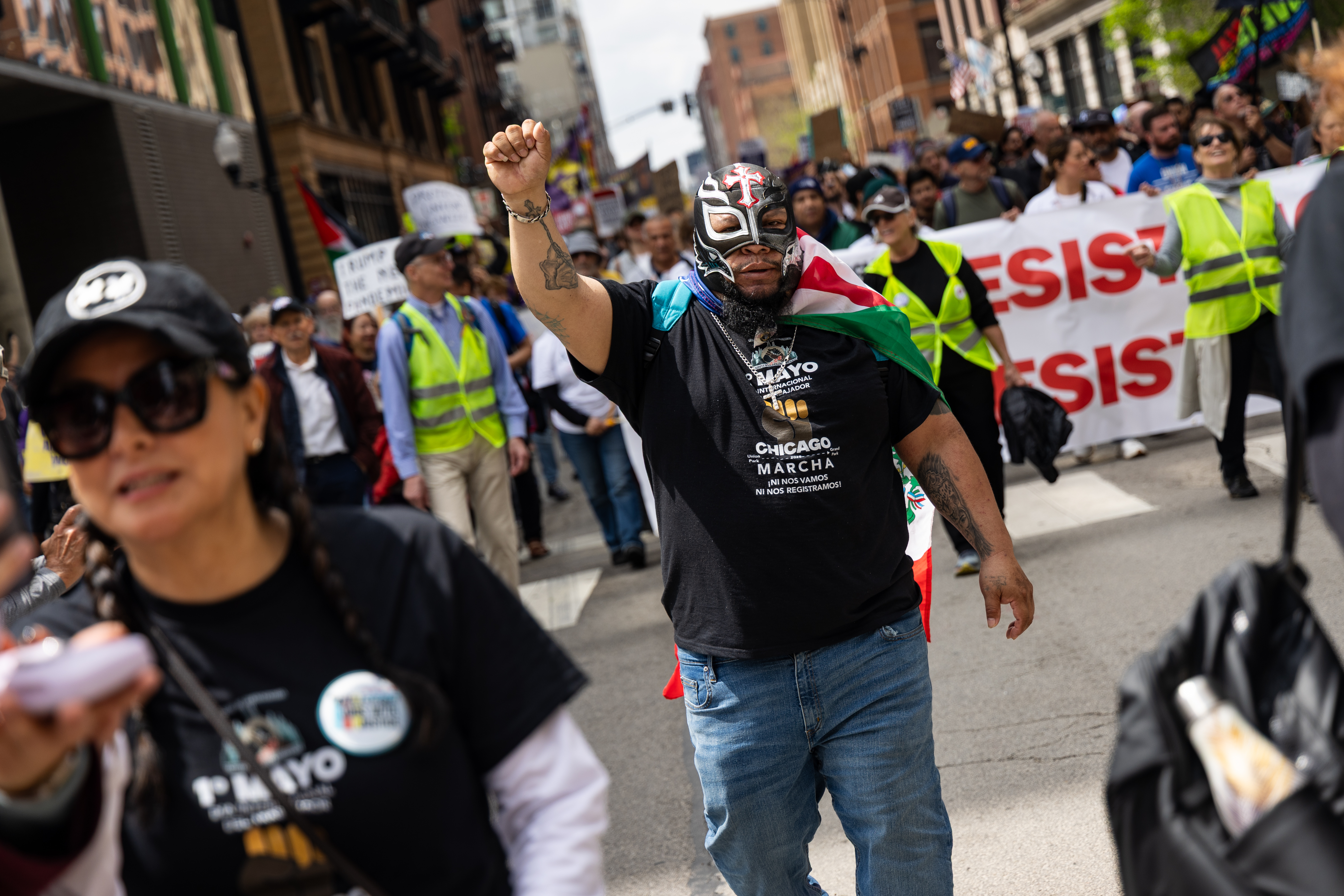 Miguel Pineda helps lead the march from Union Park to Grant Park for the May Day march on May 1, 2025. (Audrey Richardson/Chicago Tribune)