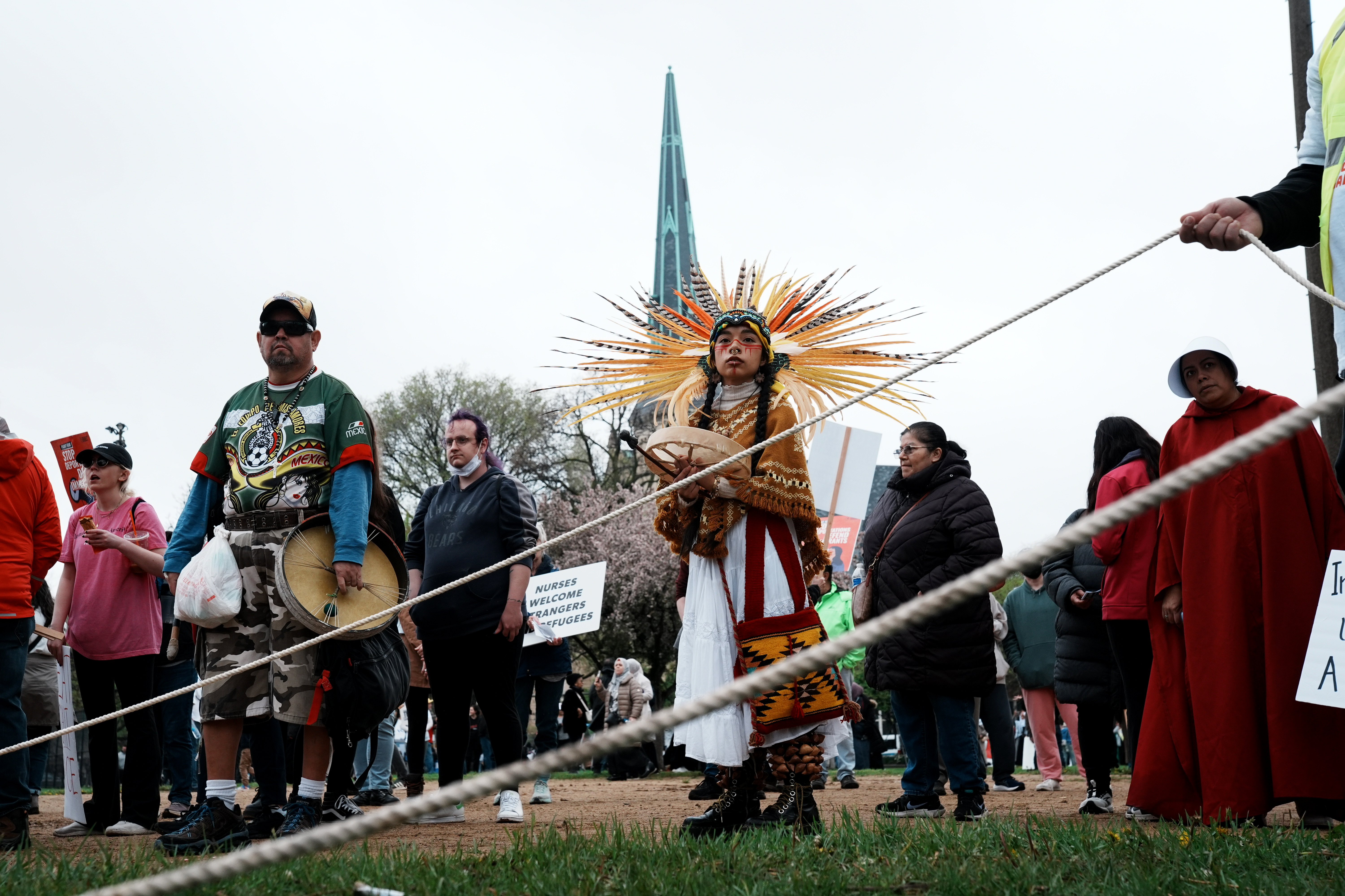 Selena Sanchez, of Chicago, attends an interfaith gathering in Union Park ahead of a planned May Day march to Grant Park on May 1, 2025 in Chicago. (E. Jason Wambsgans/Chicago Tribune)