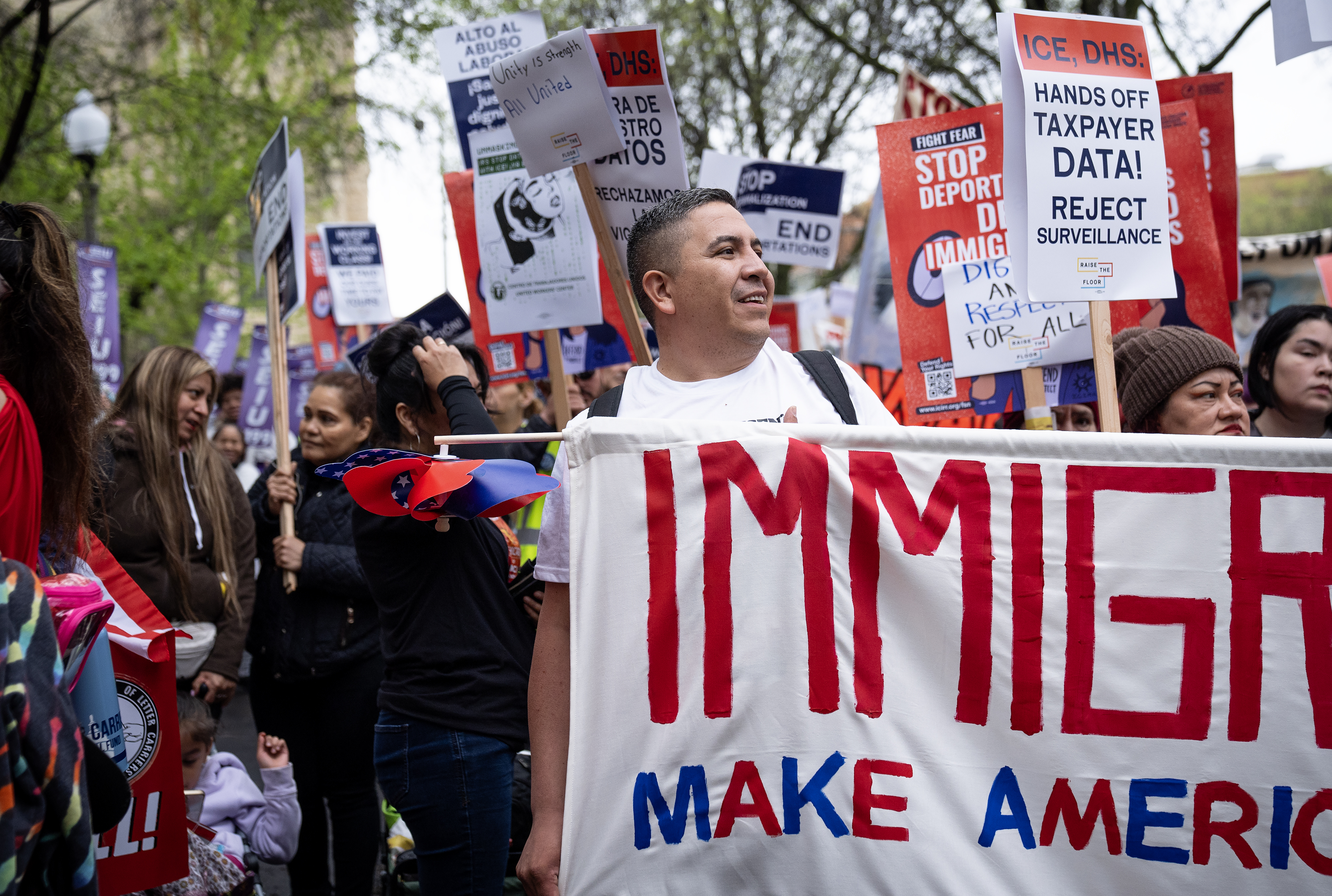 Luis Maciel waits for the start of the May Day march in Union Park, May 1, 2025. (E. Jason Wambsgans/Chicago Tribune)