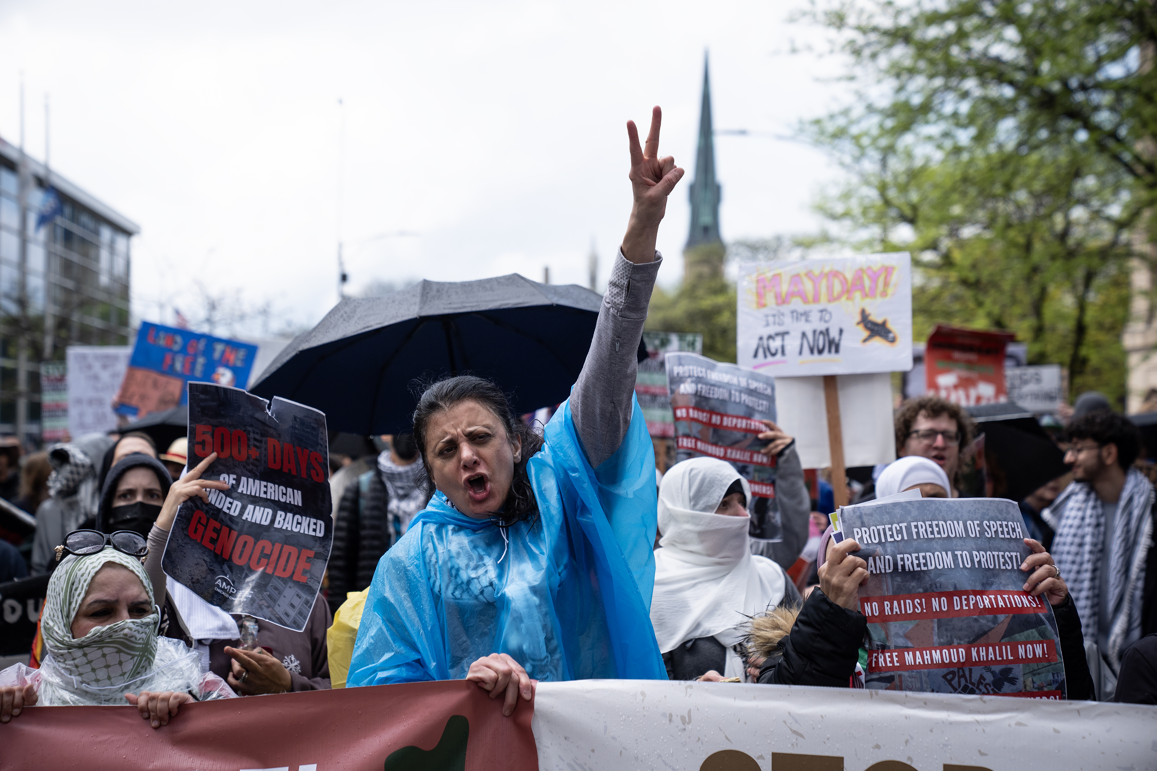 Pro-Palestinian protesters rally through the West Loop during the May Day march, May 1, 2025. (E. Jason Wambsgans/Chicago Tribune)