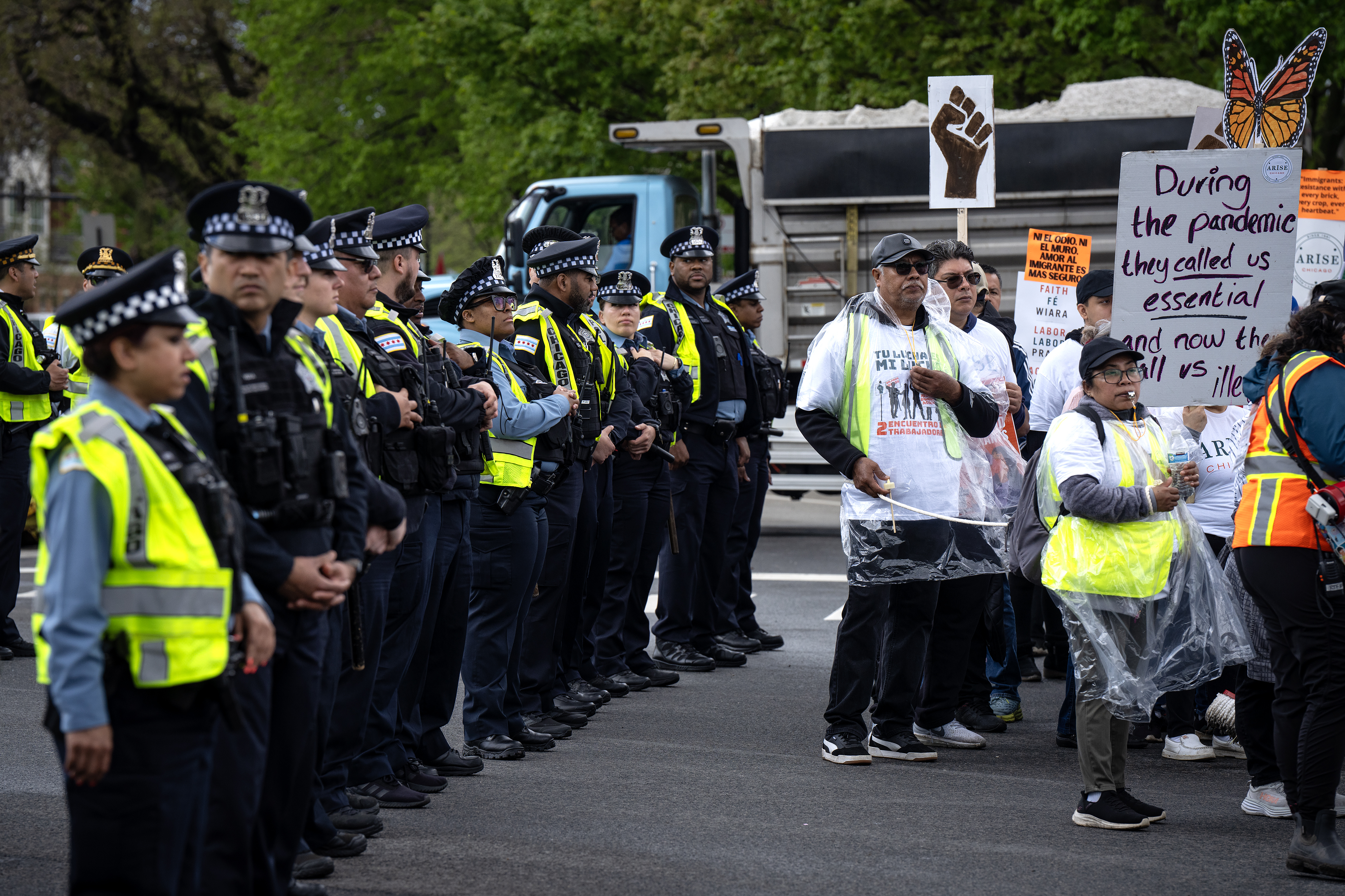 Chicago police officers monitor the May Day rally and march in Union Park, May 1, 2025. (E. Jason Wambsgans/Chicago Tribune)