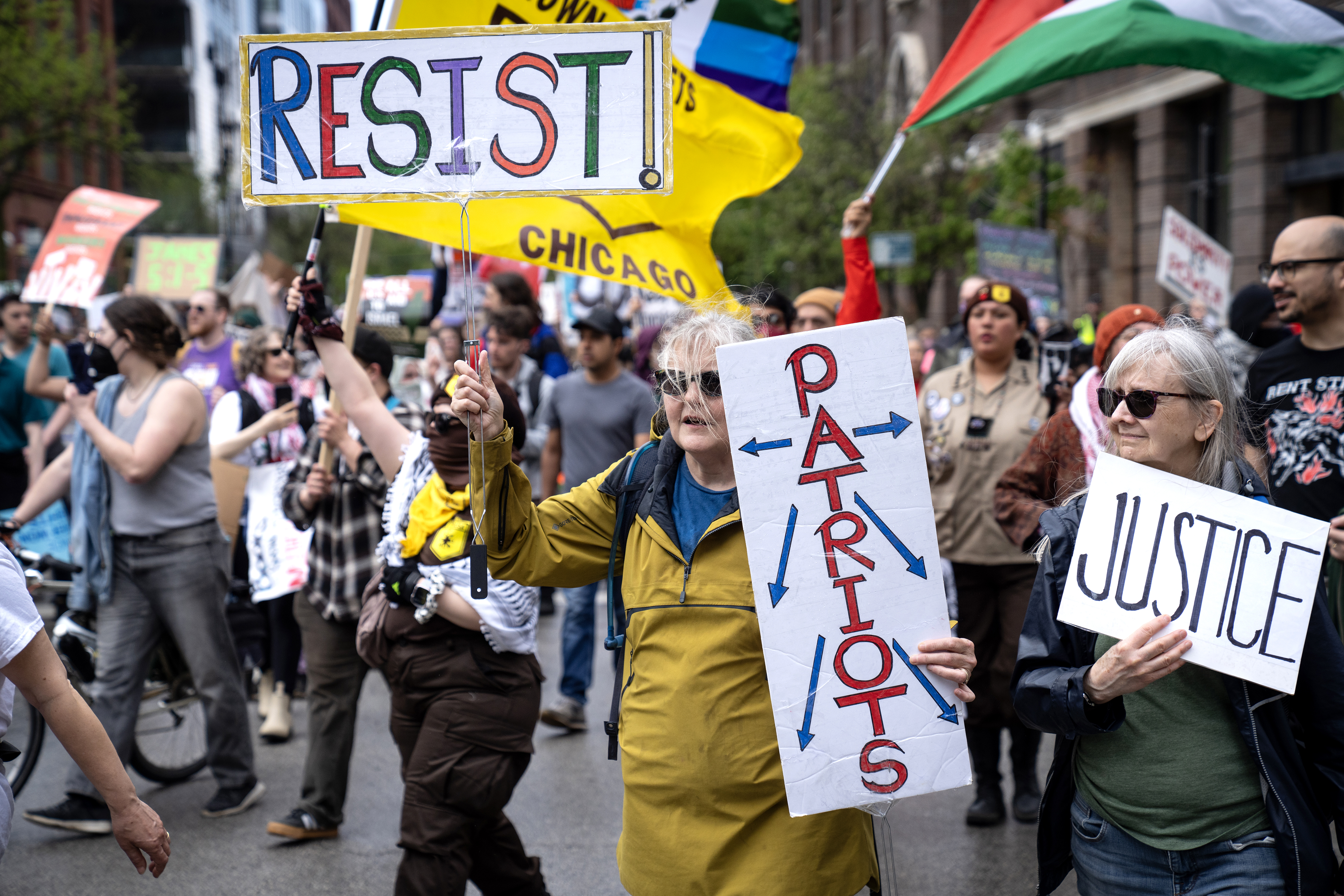 Protesters rally through the West Loop during the May Day march, Thursday, May 1, 2025. (E. Jason Wambsgans/Chicago Tribune)