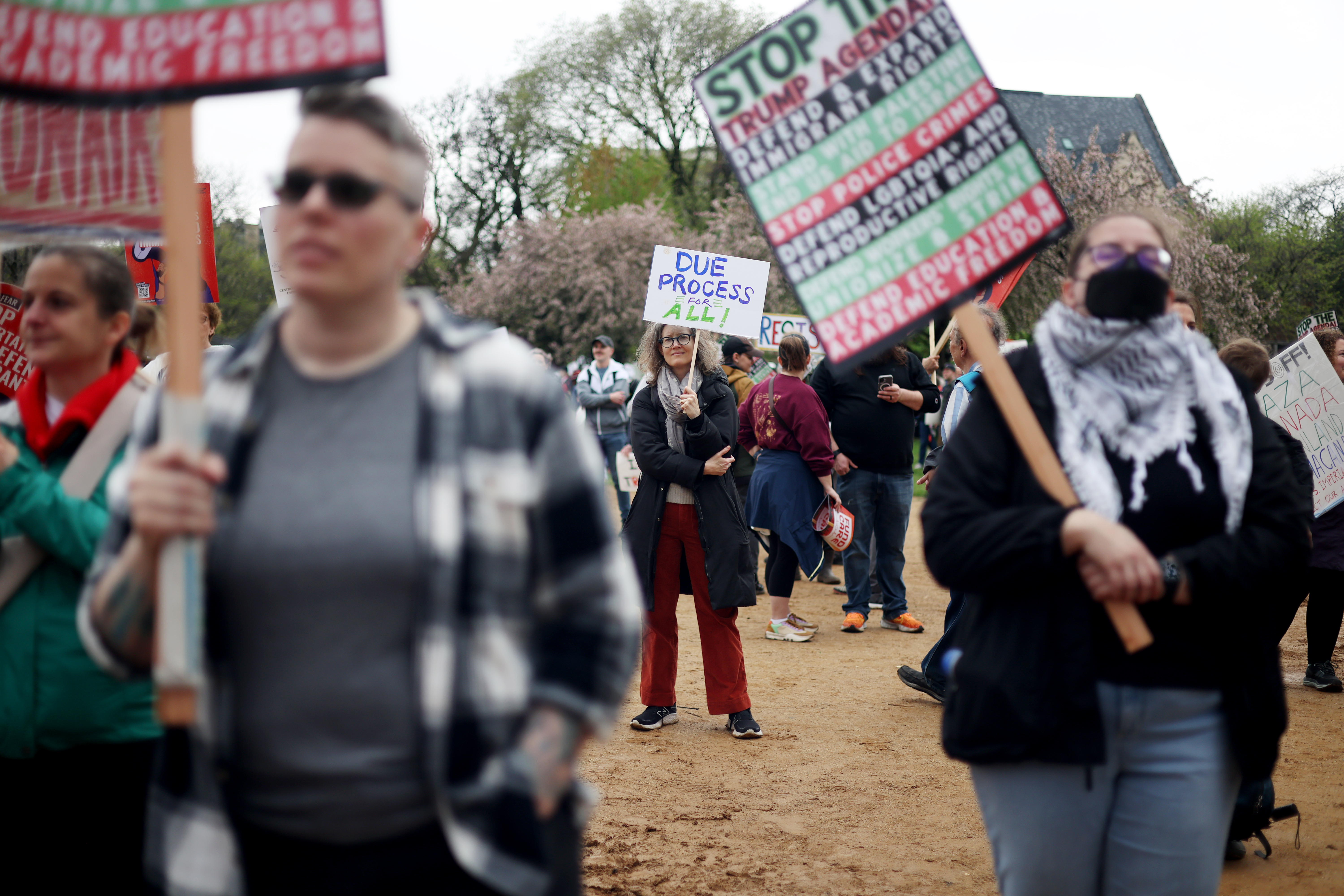 Jennifer Mattson attends a rally at Union Park for the May Day march, May 1, 2025, honoring working people for International Workers' Day, before marching to Grant Park. (Audrey Richardson/Chicago Tribune)
