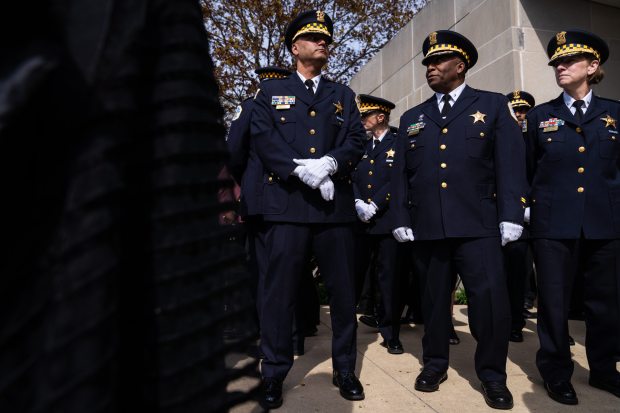 Chicago police officers attend a funeral, April 29, 2025, at St. John Brebeuf Church in Niles for Chicago Fire Department Capt. David Meyer, who died last week after responding to a West Side garage fire. (Audrey Richardson/Chicago Tribune)