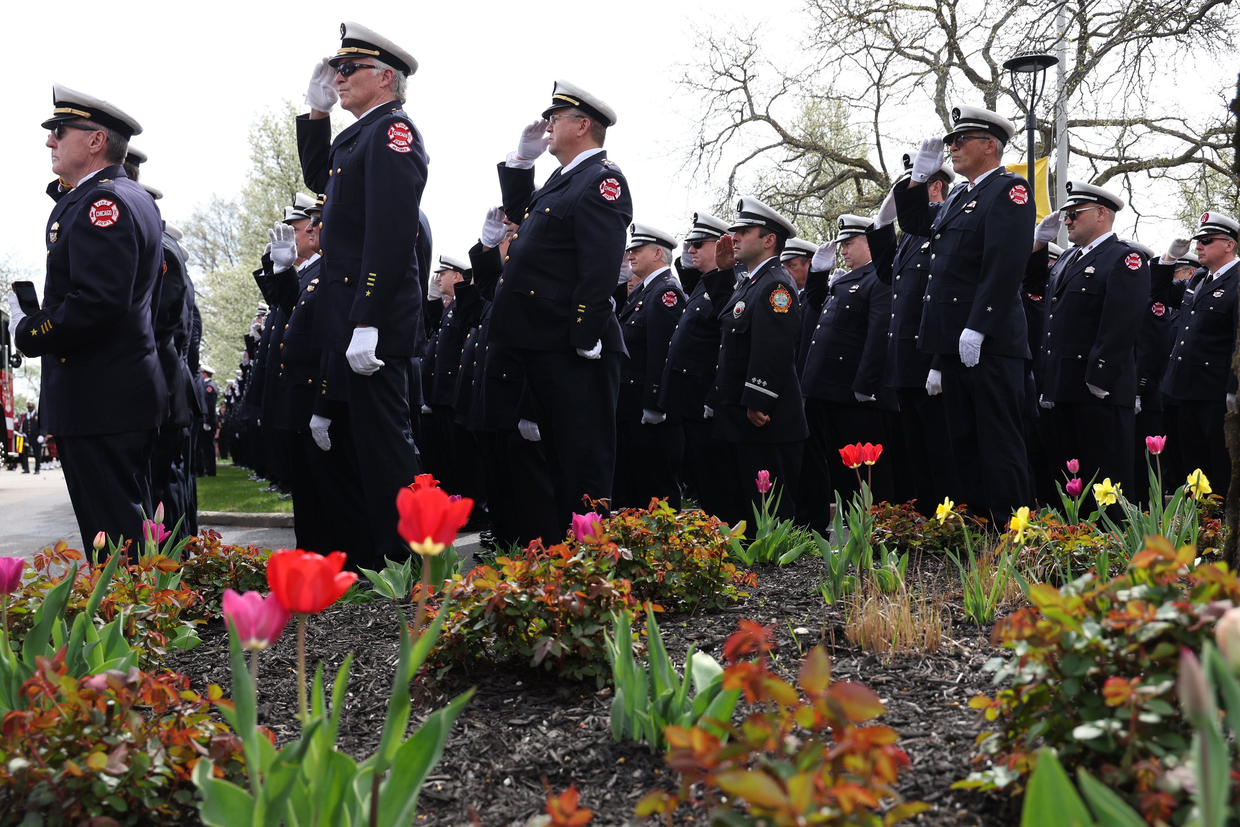 Chicago firefighters salute as the funeral procession for fallen Chicago Fire Department Capt. David Meyer arrives at St. John Brebeuf Church in Niles, April 29, 2025. Meyer was killed in the line of duty last week battling a West Side garage fire. (Antonio Perez/Chicago Tribune)