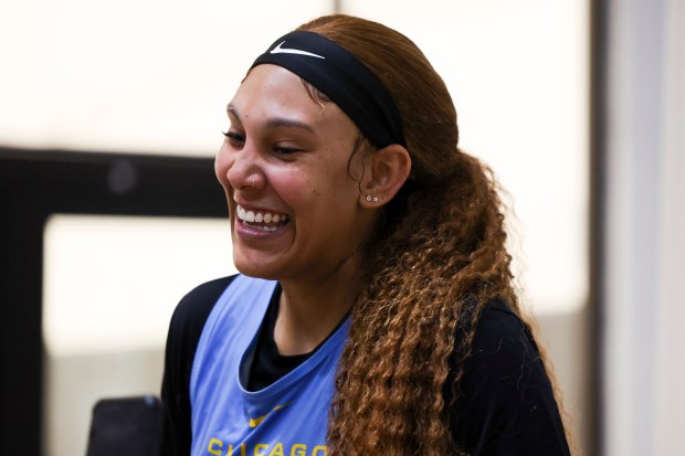 Sky center Kamilla Cardoso answers media questions after the first day of training camp Sunday, April 27, 2025, at Sachs Recreation Center in Deerfield. (Eileen T. Meslar/Chicago Tribune)