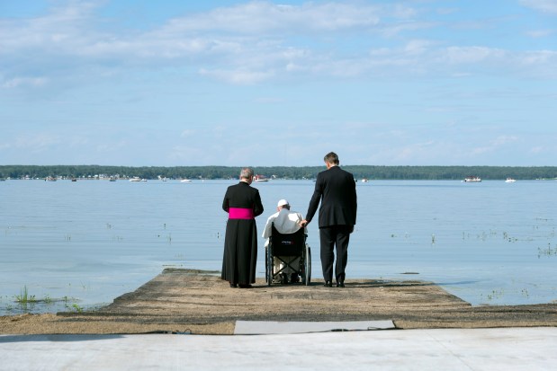 Pope Francis prays near the lake in Lac Ste. Anne, Alberta, during his visit to Canada on July 26, 2022. Pope Francis, who rose from modest means in Argentina to become the first Jesuit and Latin American pontiff, died at the Vatican on Monday, April 21, 2025. He was 88. (Ian Willms/The New York Times)