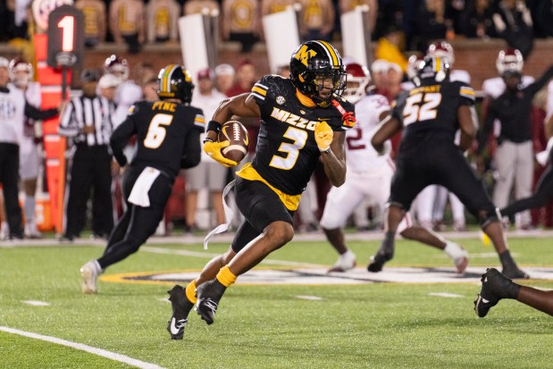 Missouri wide receiver Luther Burden III runs the ball against Oklahoma on Nov. 9, 2024, in Columbia, Mo. (L.G. Patterson/AP)
